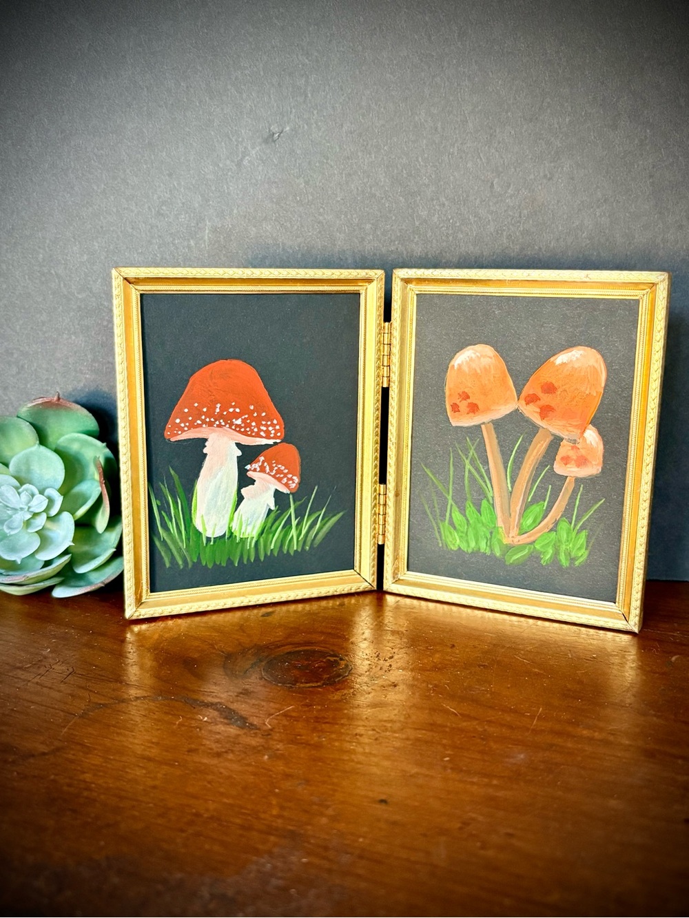 Hand-Painted Mushroom Gouache Paintings in Vintage Gold Hinged Frame- Curios